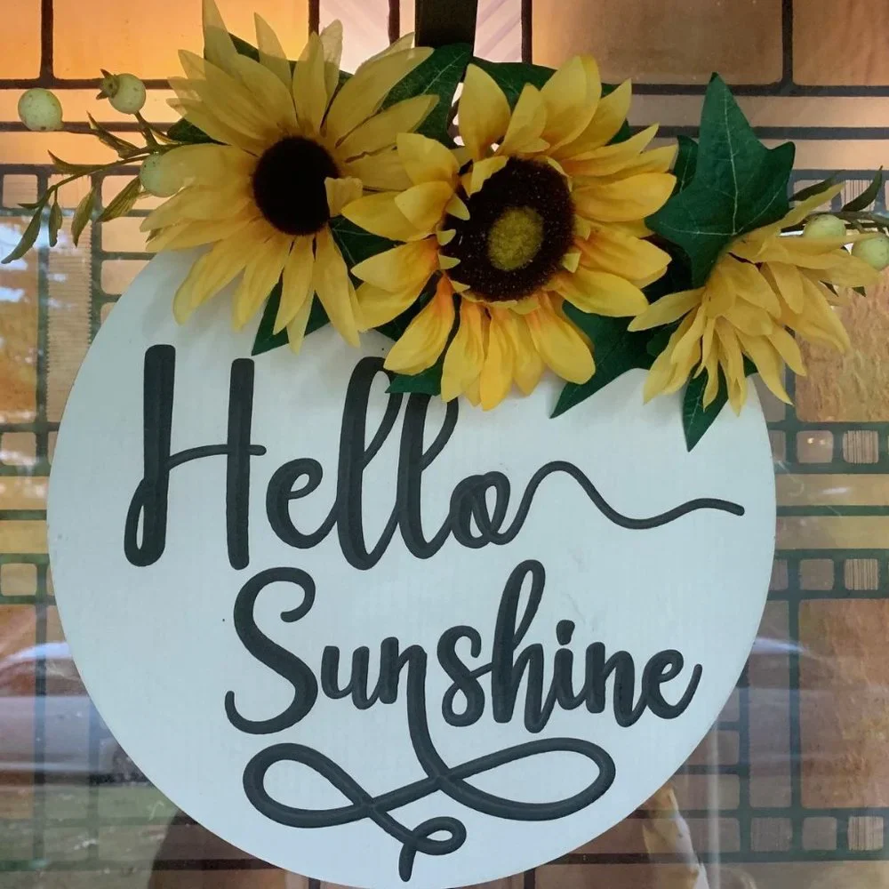 Hello Sunshine! Floral Door or Wall Decor - Wooden Circle with Sunflowers